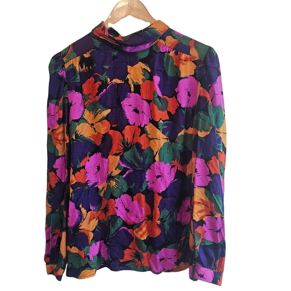 Vintage 80s Floral Blouse Women Large Purple Glam Career Mock Neck Boho Retro